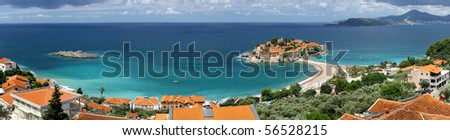 Panoramic view of Sveti Stefan (St. Stefan) island in Adriatic sea, Montenegro