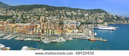 Panoramic view of sea port of City of Nice, Cote d'Azure, France