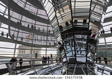BERLIN, GERMANY - NOVEMBER 10, 2013: People walking inside the Reichstag Dome. It is a glass dome constructed on the top of the Reichstag (Bundestag) building, designed by architect Norman Foster