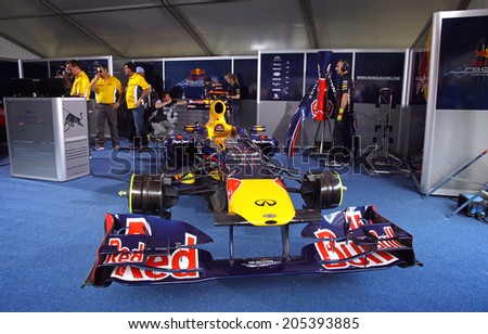 KYIV, UKRAINE - MAY 19, 2012: Red Bull RB7 racing car in the pit during Red Bull Champions Parade on the streets of Kyiv city