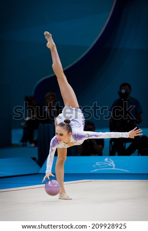 KYIV, UKRAINE - AUGUST 30, 2013: Marina Durunda of Azerbaijan performs during 32nd Rhythmic Gymnastics World Championship (Individual All-Around competition)