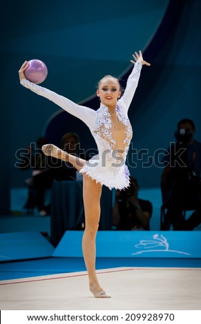 KYIV, UKRAINE - AUGUST 30, 2013: Marina Durunda of Azerbaijan performs during 32nd Rhythmic Gymnastics World Championship (Individual All-Ã?Â­Around competition)