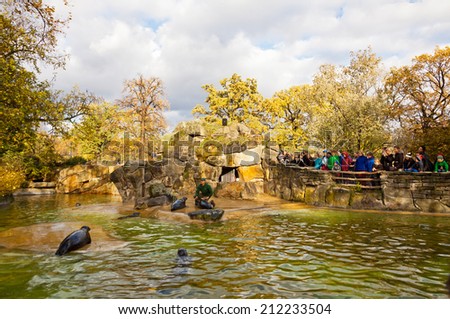 BERLIN, GERMANY - NOVEMBER 9, 2013: Fur seals feeding show at the Berlin Zoo (Zoological garden). It\'s the oldest garden in Germany with most comprehensive collection of species in the world