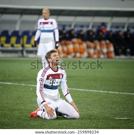 LVIV, UKRAINE - FEBRUARY 17, 2015: Thomas Muller of Bayern Munich reacts after missed a goal during UEFA Champions League game against FC Shakhtar Donetsk
