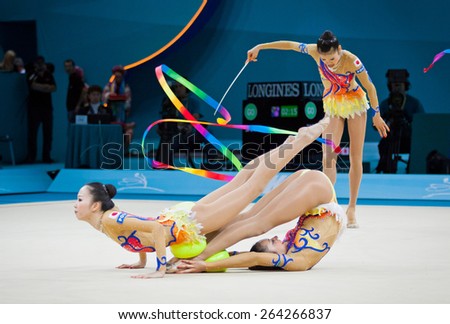 KYIV, UKRAINE - SEPTEMBER 1, 2013: Team of Japan performs during 32nd Rhythmic Gymnastics World Championship (Group Apparatus Final competition) at Palace of Sports in Kyiv