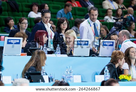KYIV, UKRAINE - SEPTEMBER 1, 2013: The judges team during 32nd Rhythmic Gymnastics World Championship (Group Apparatus Final competition)