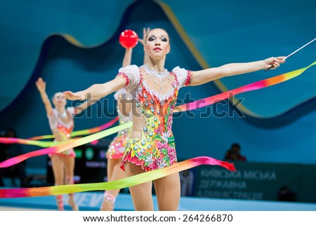 KYIV, UKRAINE - SEPTEMBER 1, 2013: Team of Russia performs during 32nd Rhythmic Gymnastics World Championship (Group Apparatus Final competition) at Palace of Sports in Kyiv