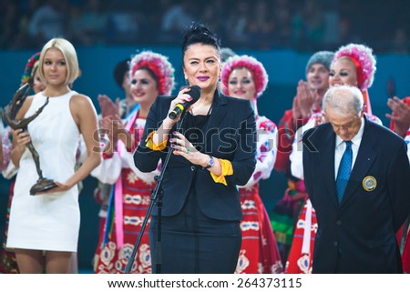 KYIV, UKRAINE - SEPTEMBER 1, 2013: President of Ukraine National Gymnastics Federation Iryna Deryugina opens Medal Ceremony at 32nd Rhythmic Gymnastics World Championship in Kyiv