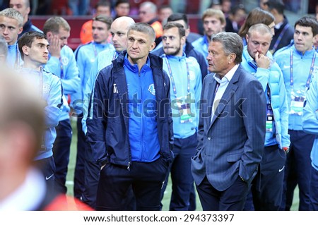 WARSAW, POLAND - MAY 27, 2015: FC Dnipro players and staff react after lose the Final game of UEFA Europa League against FC Sevilla at Warsaw National Stadium