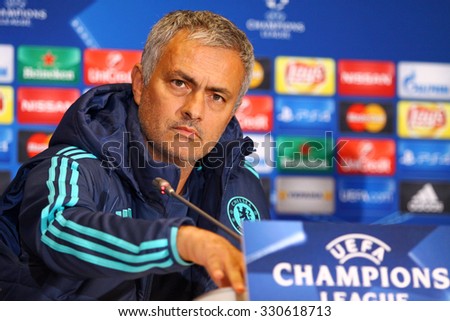 KYIV, UKRAINE - OCTOBER 19, 2015: FC Chelsea manager Jose Mourinho attends press-conference before UEFA Champions League game against FC Dynamo Kyiv at NSC Olimpiyskyi stadium