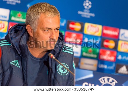 KYIV, UKRAINE - OCTOBER 19, 2015: FC Chelsea manager Jose Mourinho attends press-conference before UEFA Champions League game against FC Dynamo Kyiv at NSC Olimpiyskyi stadium