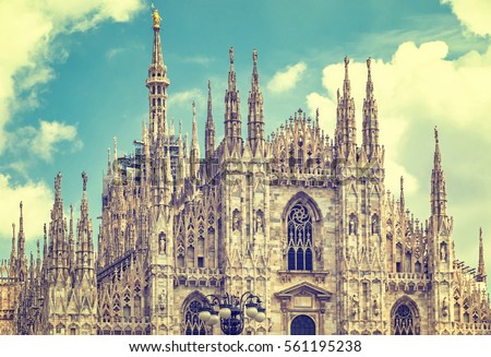 Close-up facade view of Duomo di Milano (Milan Cathedral), Milan, Italy. Filtered vintage ink color style