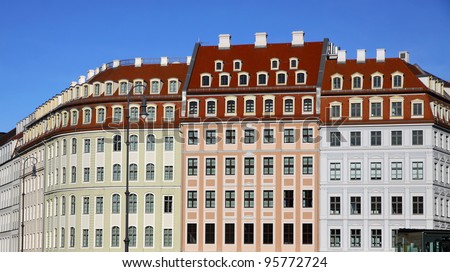 Close-up colourful buildings at Neumarkt square in Dresden, Germany