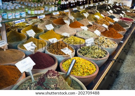 Spices nuts and other food for sale at a market in the old city Jerusalem, Israel