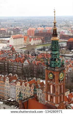Architecture of old town in Gdansk, Poland - Bird`s eye view.