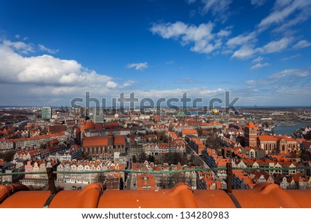 Architecture of old town in Gdansk, Poland - Bird`s eye view.