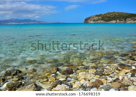 Sea coast in a quiet sunny day. Greece, Crete, Mirabello Bay, Aegean Sea