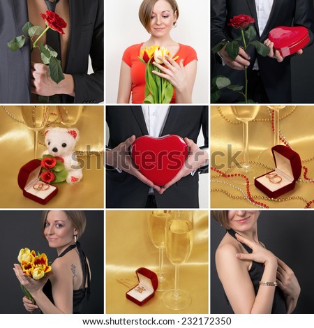 Collage on the theme of love. Wedding rings, glasses of wine, girl with flowers, a guy with a rose, a box of heart shaped
