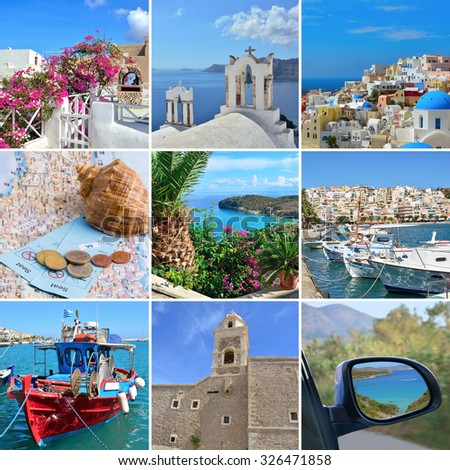Collage on the theme of Travel Greece: Crete, Santorini, landmark, boat, sea.