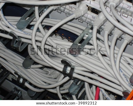 The cabling on a network rack