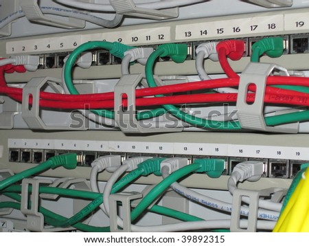 The cabling on a network rack