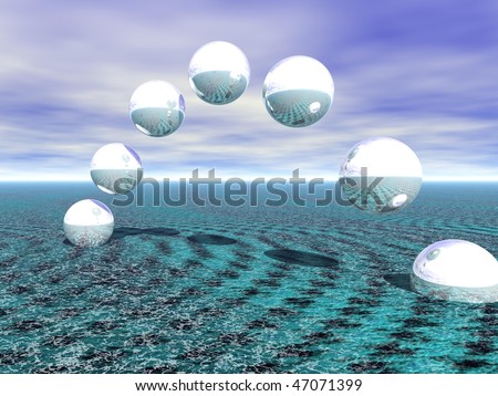 An abstract arc of reflecting spheres on green-blue background