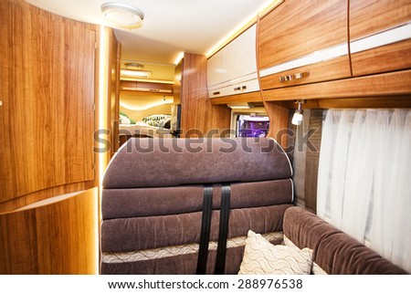 Stuttgart, Germany, 17 January 2015: Inside of modern camper, caravanning, motoring and tourism trade.