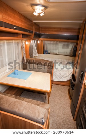 Stuttgart, Germany, 17 January 2015: Interior of modern camper, caravanning, motoring and tourism trade.
