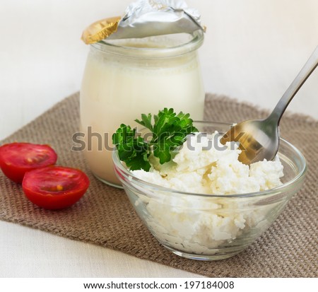 Dairy products for Breakfast, cottage cheese and yogurt, diet.