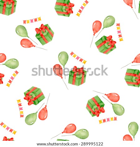 Watercolor seamless pattern for holiday, birthday balloons, flags, gift, vector illustration.