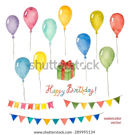 Watercolor set for holiday,birthday balloons, flags, gift, vector illustration.
