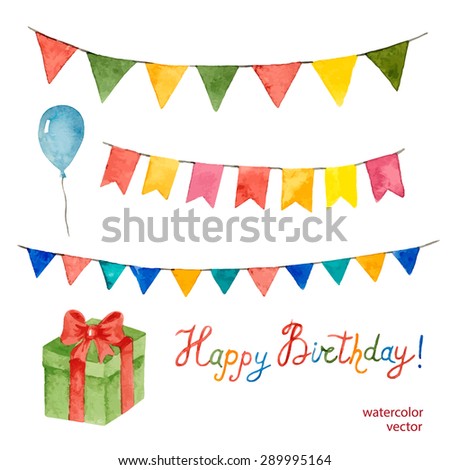 Watercolor set for holiday,birthday balloons, flags, gift, vector illustration.