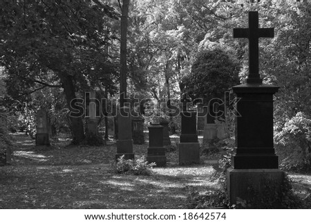 Black and White Cemetery Image with Crosses