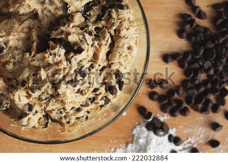 Homemade Chocolate Chip Cookie Dough in mixing bowl prepare for bake.