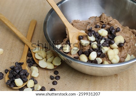 Homemade Double Chocolate Chip Cookie Dough in mixing bowl prepare for bake.