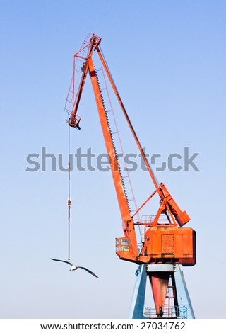 Red crane with bird flying