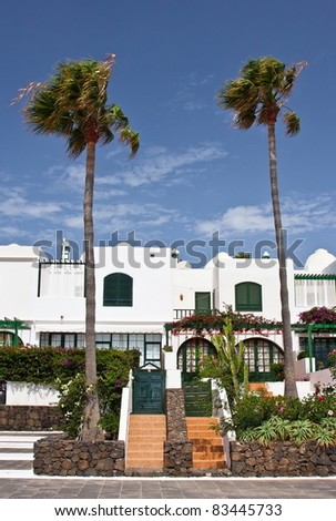Entrance to two houses with palm trees and blue sky with clouds