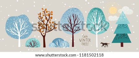 cute winter trees, vector isolated illustration of trees, leaves, fir trees, shrubs, sun, snow and clouds, New Year and Christmas objects and elements of nature to create a landscape