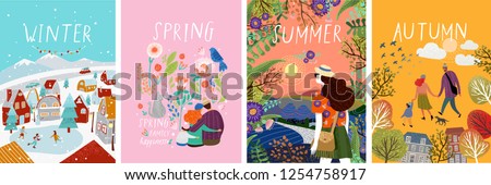 posters of seasons: winter, spring, summer, autumn; illustrations of a family in nature, girl in a landscape, a family with a cat in flowers and a city street with a skating rink and people