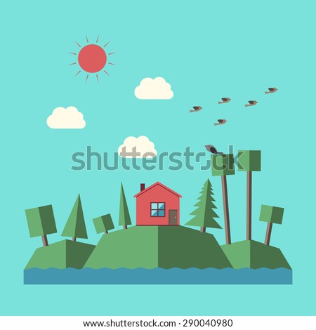 Landscape with small house, green hills, various trees, river, clouds, sun and birds. Flat style. EPS 10 vector illustration, no transparency