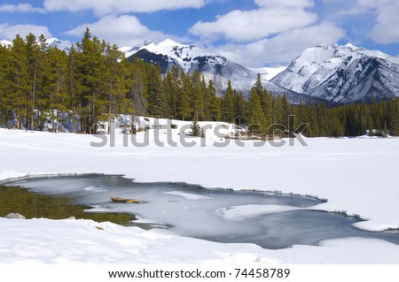 Winter scene of Johnson Lake, located in Banff National Park, Alberta, Canada Frozen over and accessable for snow shoeing and ice fishing