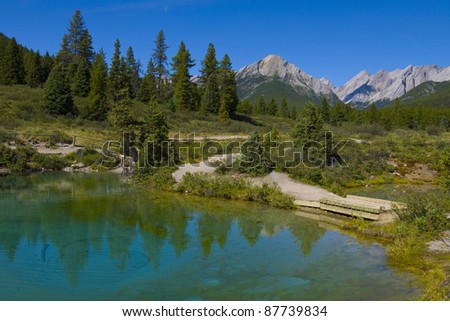 Rocky Mountains reflected in one of the ponds at the 