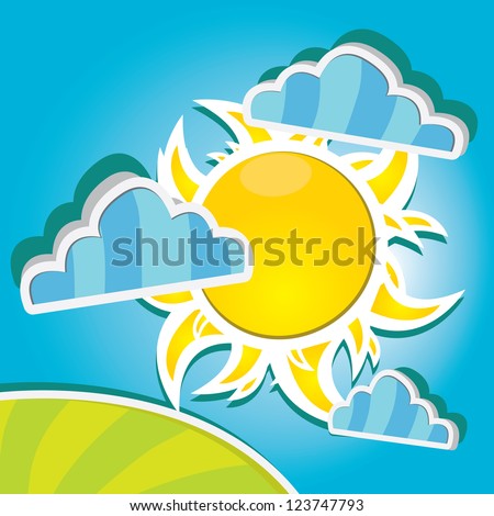 vector background with sun and clouds. summer / spring landscape. green grass background.