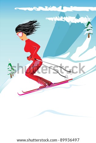 Glamour girl skiing on a slope, winter season sports vector illustration. Beauty young women with black shiny hair on skis.
