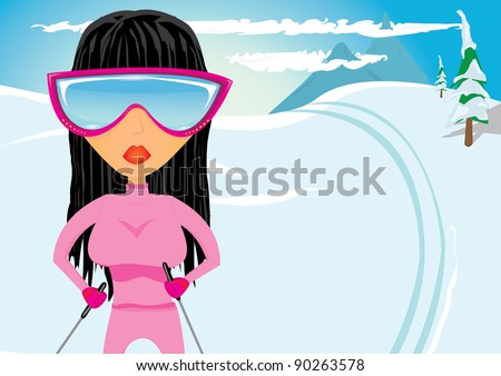 Glamour girl skiing on a slope, winter season sports vector illustration. Beautiful young women with black shiny hair on skis.