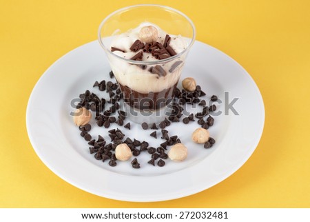chocolate pudding with with chocolate chips and hazelnuts