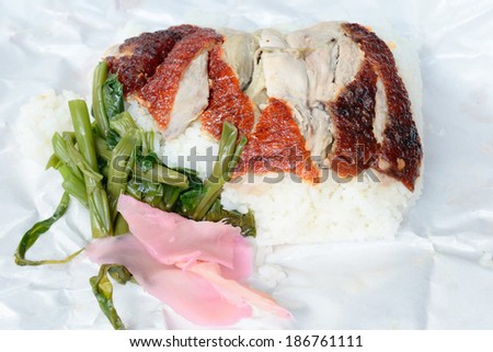 Roast duck over rice on Paper plate / Roast duck over rice
