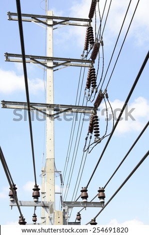 Electric Power transmission lines (115 kV & 24 kV System) against blue sky / Power transmission lines