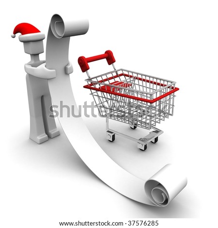 Santa reading a long wish list with a trolley a side christmas concept 3d illustration