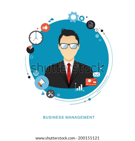 Business management concept flat illustration. Office man with icons. eps8